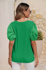 LDC Ribbed Pearl Beaded Puff Sleeve Top: Bright Pink / S
