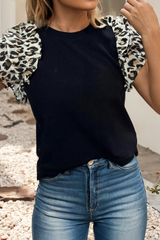 LDC Knit Contrast Leopard Ruffled Sleeve Womens Loose Top: Black / L