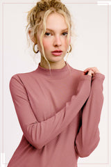 MCT7699-Stretchy Ribbed Long Sleeve Mock Neck Basic Top: Onyx / M