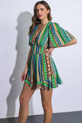 A printed woven romper - IP8276: GREEN BLUE / Contemporary / S