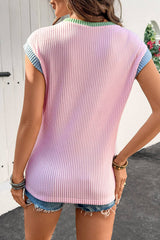 LDC Color Block Corded Knit Crew Neck Tee: Pink / L