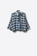 Blue Chiffon Blouse with Check Print with Wide Sleeves and Neck Tie: BLUE / L