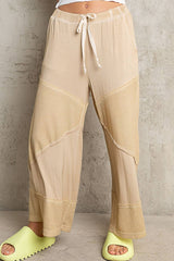 Contrast ribbed elastic waist casual knit culottes pants: DESERT SAGE / M/L