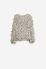 Polka Dot Button-Up chiffon Shirt with Ruffles: CREAM / M