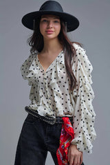 Polka Dot Button-Up chiffon Shirt with Ruffles: CREAM / M