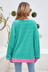 LDC Stripe Contrast Trim Oversized Pullover Sweatshirt: Sky Blue Stripe / XL