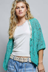 V-Neck Crochet Batwing Sleeve Cardigan Top: NATURAL / Os