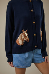 "HORSE" GRAPHIC LONG SLEEVE ROUND NECK CARDIGAN: NAVY / L