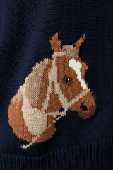 "HORSE" GRAPHIC LONG SLEEVE ROUND NECK CARDIGAN: NAVY / M