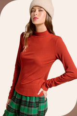 MCT7699-Stretchy Ribbed Long Sleeve Mock Neck Basic Top: Onyx / S