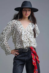 Polka Dot Button-Up chiffon Shirt with Ruffles: CREAM / M
