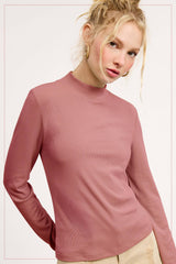 MCT7699-Stretchy Ribbed Long Sleeve Mock Neck Basic Top: Onyx / L