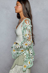 Long sleeve V neck crochet knit open cardigan: MINT / Os