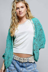 V-Neck Crochet Batwing Sleeve Cardigan Top: NATURAL / Os