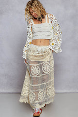 Long sleeve V neck crochet knit open cardigan: MINT / Os