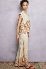 Floral Pattern Ruffle Detail Ribbed Knit Pants: PALE PINK / L