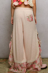 Floral Pattern Ruffle Detail Ribbed Knit Pants: PALE PINK / M