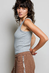 Sleeveless Round Neck Solid Pattern Rib Knit Top: OFF WHITE / Os