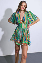 A printed woven romper - IP8276: GREEN BLUE / Contemporary / M