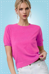 MCS3600-Soft Short Puffy Sleeve Basic Stretchy Knit Top: Pink Sand / S