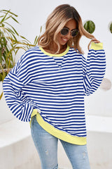 LDC Stripe Contrast Trim Oversized Pullover Sweatshirt: Sky Blue Stripe / XL