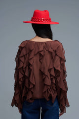 Brown V-Neck All Over Ruffle Blouse: BROWN / S
