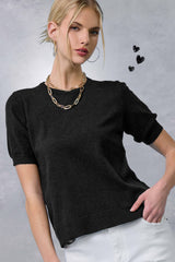MCS3600-Soft Short Puffy Sleeve Basic Stretchy Knit Top: Midnight Blue / M