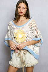 Round Neck Sleeveless Floral Thin Sweater Top SALE: BLUE/IVORY / L