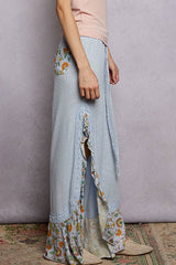 Floral Pattern Ruffle Detail Ribbed Knit Pants: PALE PINK / S