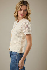 COLLARED BUTTON DOWN SHORT SLEEVE CROCHET TOP: White / M
