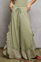 Floral Pattern Ruffle Detail Ribbed Knit Pants: PALE PINK / L