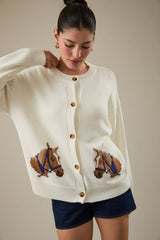 "HORSE" GRAPHIC LONG SLEEVE ROUND NECK CARDIGAN: NAVY / M
