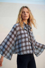 Blue Chiffon Blouse with Check Print with Wide Sleeves and Neck Tie: BLUE / M
