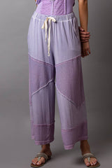 Contrast ribbed elastic waist casual knit culottes pants: DESERT SAGE / S/M