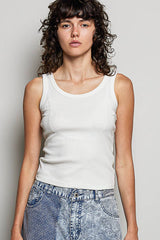 Sleeveless Round Neck Solid Pattern Rib Knit Top: OFF WHITE / Os