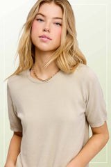 MCS3600-Soft Short Puffy Sleeve Basic Stretchy Knit Top: Pink Sand / L