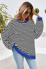 LDC Stripe Contrast Trim Oversized Pullover Sweatshirt: Sky Blue Stripe / XL