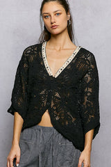 V-Neck Crochet Batwing Sleeve Cardigan Top: NATURAL / Os