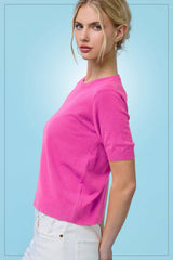 MCS3600-Soft Short Puffy Sleeve Basic Stretchy Knit Top: Midnight Blue / M