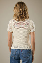 COLLARED BUTTON DOWN SHORT SLEEVE CROCHET TOP: White / S