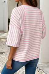 LDC striped Textured Knit Split Hem Half Sleeve Loose Top: Apricot Stripe / L