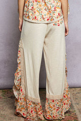 Floral Pattern Ruffle Detail Ribbed Knit Pants: PALE PINK / S