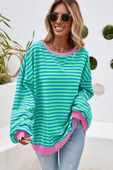 LDC Stripe Contrast Trim Oversized Pullover Sweatshirt: Sky Blue Stripe / XL