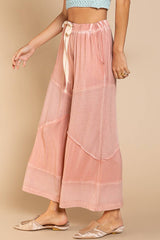 Contrast ribbed elastic waist casual knit culottes pants: DESERT SAGE / M/L