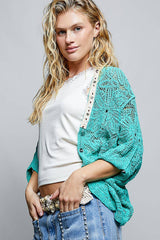 V-Neck Crochet Batwing Sleeve Cardigan Top: NATURAL / Os