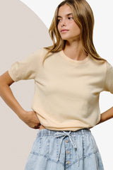 MCS3600-Soft Short Puffy Sleeve Basic Stretchy Knit Top: Pink Sand / L