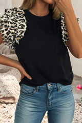 LDC Knit Contrast Leopard Ruffled Sleeve Womens Loose Top: Black / S