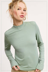 MCT7699-Stretchy Ribbed Long Sleeve Mock Neck Basic Top: Onyx / L