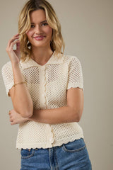 COLLARED BUTTON DOWN SHORT SLEEVE CROCHET TOP: White / S