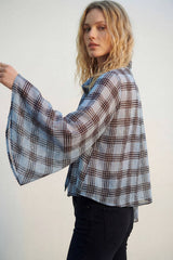 Blue Chiffon Blouse with Check Print with Wide Sleeves and Neck Tie: BLUE / M
